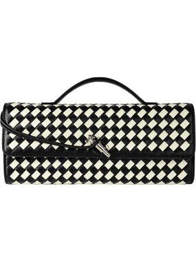 Women Black White Woven Leather Clutch Vegan Purse Formal Crossbody Handbags